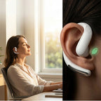 Arenzza wireless Bluetooth earphones with ear hooks, showing secure fit design and sleek black finish for clear sound and hands-free use.