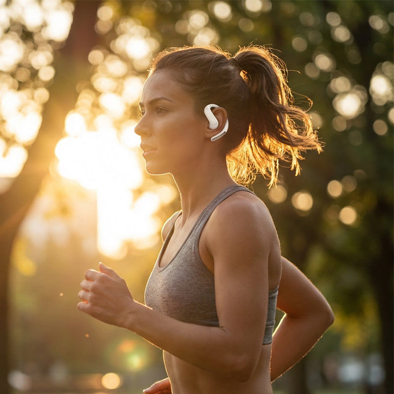 Arenzza wireless Bluetooth earphones with ear hooks for secure fit, clear sound, and hands-free convenience, shown from the side.