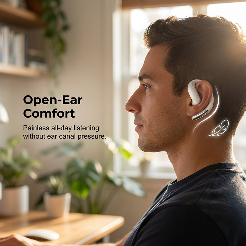 Arenzza wireless Bluetooth earphones with ear hooks, secure fit, clear sound, and hands-free design, shown in black with attached ear hooks.