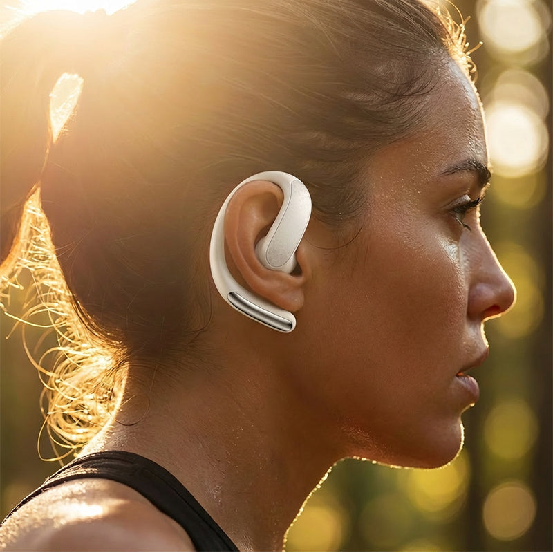 Arenzza wireless Bluetooth earphones with ear hooks for secure fit, clear sound, and hands-free convenience, shown in black.