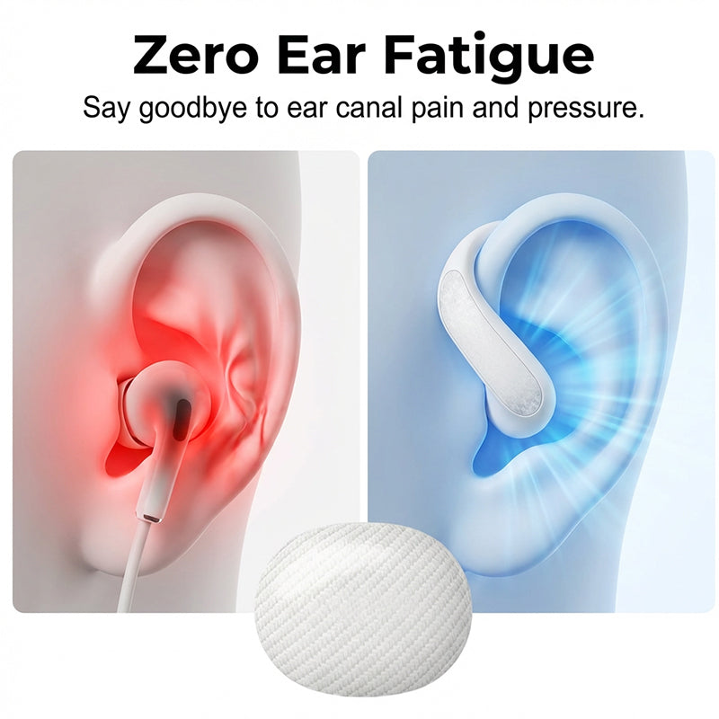Arenzza wireless Bluetooth earphones with ear hooks, showing their secure fit, sleek design, and transparent earbuds for clear sound.