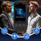 Arenzza 2-in-1 portable translation device showing a screen with real-time language translation in a compact electronic device.