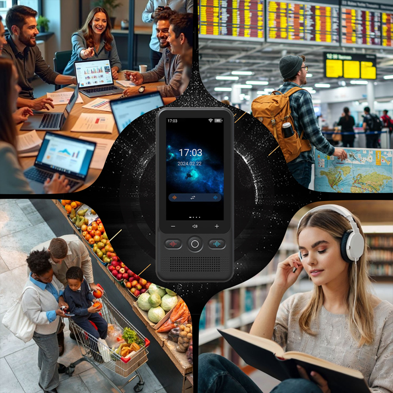 Arenzza 2-in-1 portable translation device with display screen, microphone, and buttons for real-time language translation.
