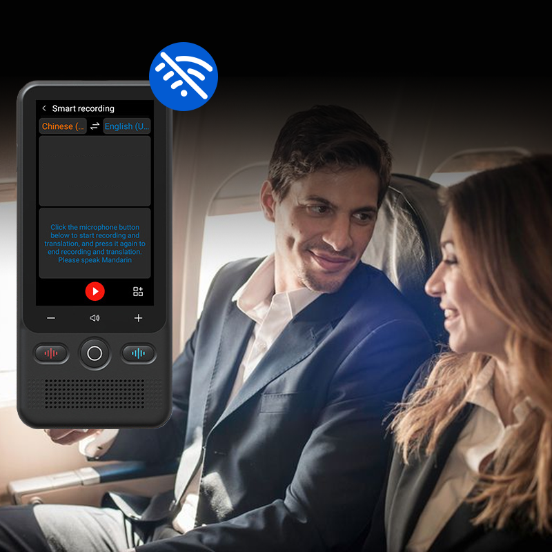 Arenzza 2-in-1 portable translation device showing a digital screen with translation options, ideal for real-time language translation.