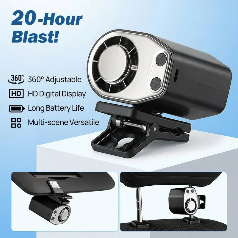 Arenzza mini wearable neck and desktop USB fan showing a compact black fan attached to a neck strap or desktop stand