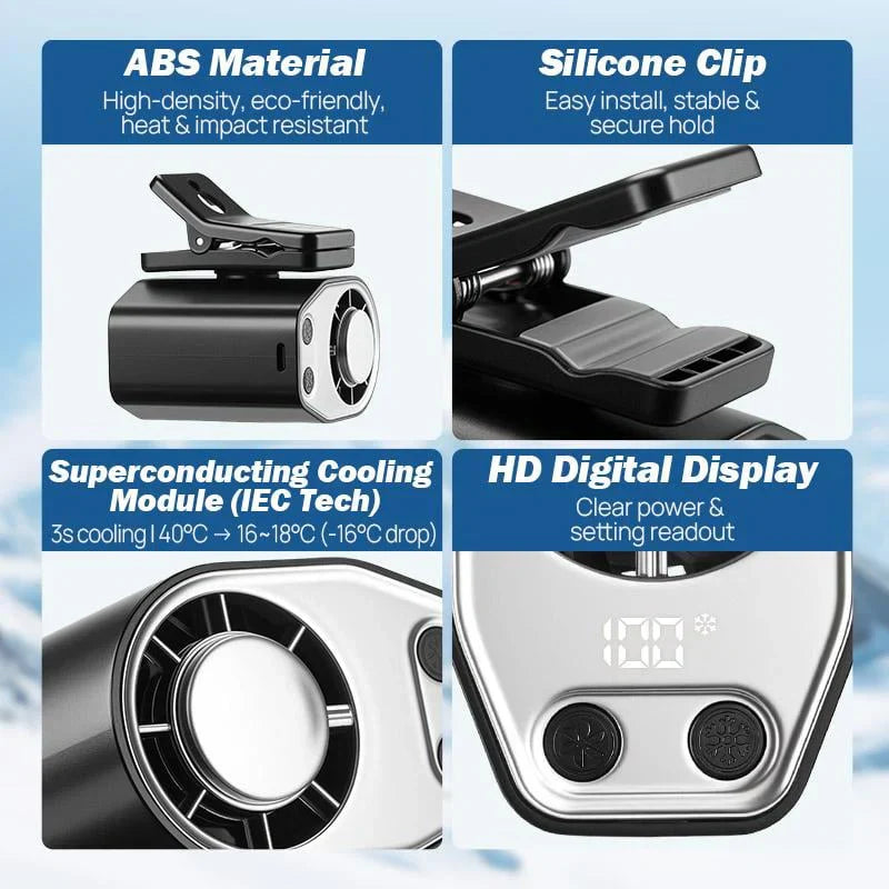 Arenzza mini wearable neck and desktop USB fan with adjustable blades, compact electronics and accessories for cooling.
