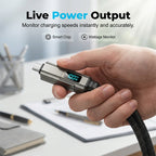 Arenzza 4-in-1 digital display keychain charging cable with multiple connectors for electronic devices on a white background.