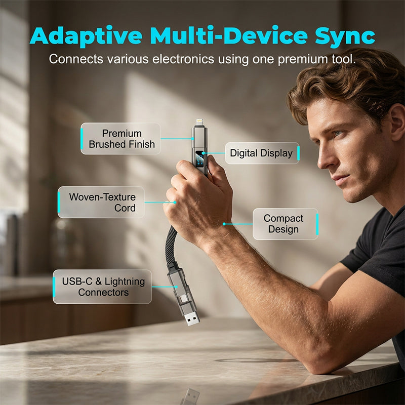 Arenzza 4-in-1 digital display keychain charging cable with multiple connectors and digital screen, compact electronics accessory.
