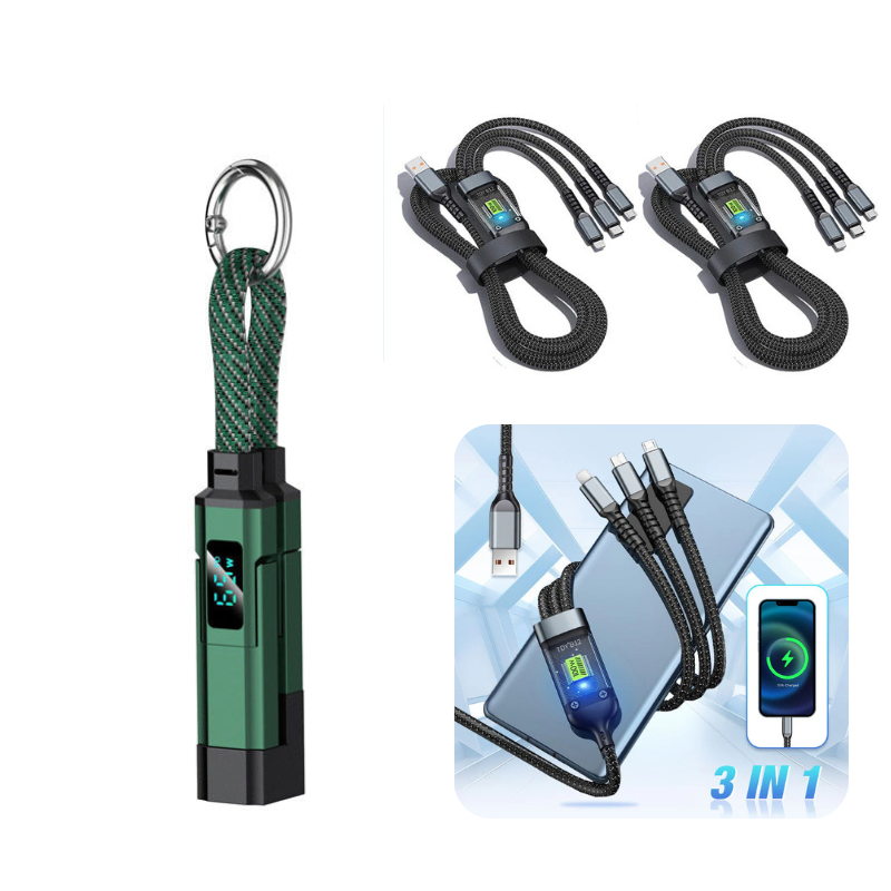 Arenzza 4-in-1 digital display keychain charging cable showing multiple connectors and a digital charging indicator.