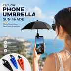 Arenzza clip-on phone umbrella sun shade attached to a smartphone, providing sun protection in a lifestyle setting.