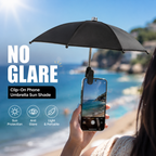 Arenzza clip-on phone umbrella sun shade attached to a smartphone, providing shade and protection from sunlight.