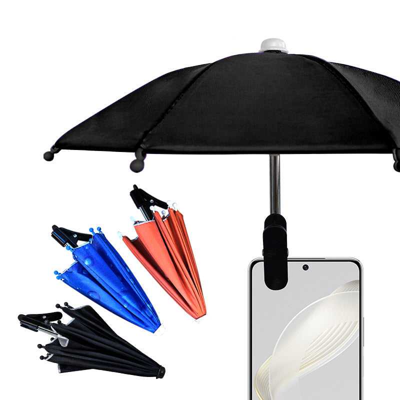 Arenzza clip-on phone umbrella sun shade attached to a smartphone, providing portable sun protection for mobile devices.