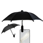 Arenzza clip-on phone umbrella sun shade attached to a smartphone, providing shade and protection from sunlight.