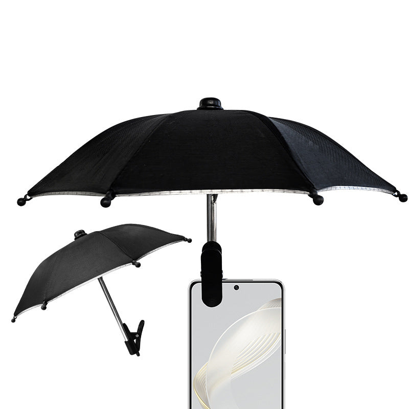 Arenzza clip-on phone umbrella sun shade attached to a smartphone, providing shade and protection from sunlight.