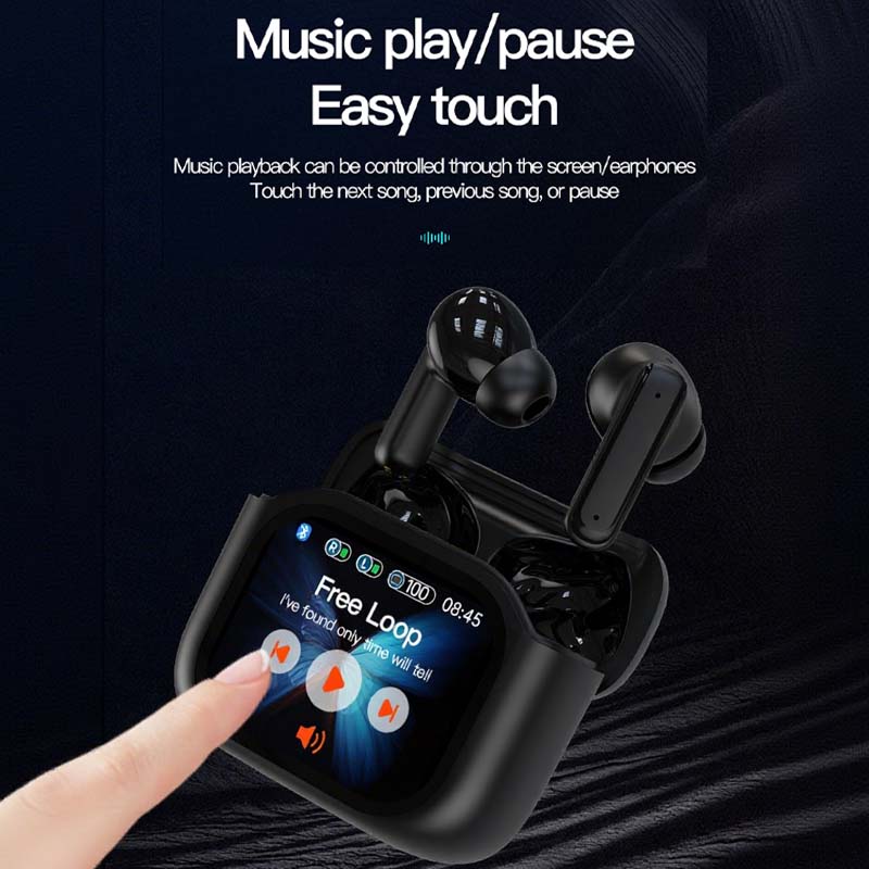 Arenzza Compact Touch-Control Clear-Sound Earbuds with sleek design and touch interface, positioned on a white background.