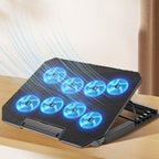 Arenzza adjustable laptop cooling stand with built-in fan, black electronic accessory supporting ergonomic laptop use and heat dissipation.