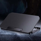 Adjustable Arenzza laptop cooling stand with built-in fan, featuring a sleek design and vents for effective airflow and heat dissipation.
