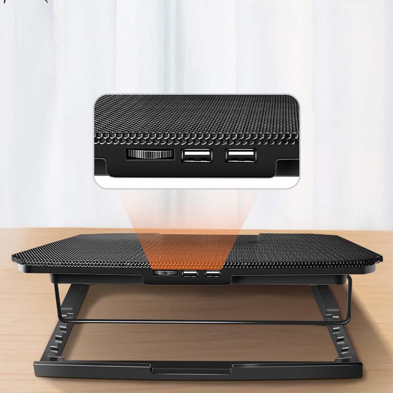 Arenzza adjustable laptop cooling stand with built-in fan, black electronic accessory supporting ergonomic laptop use.
