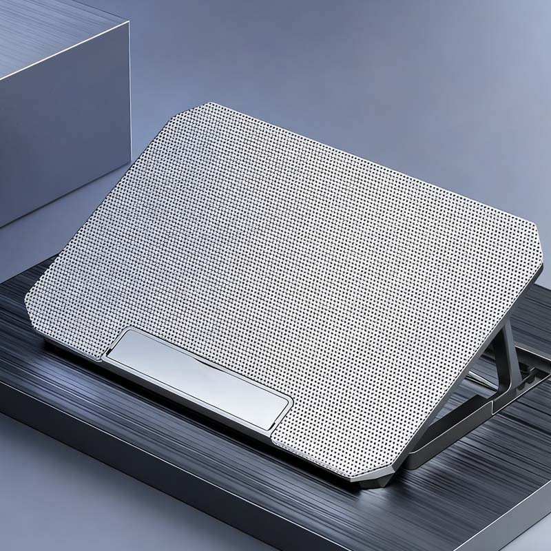 Arenzza adjustable laptop cooling stand with built-in fan, featuring a sleek design and ventilation to keep laptops cool.