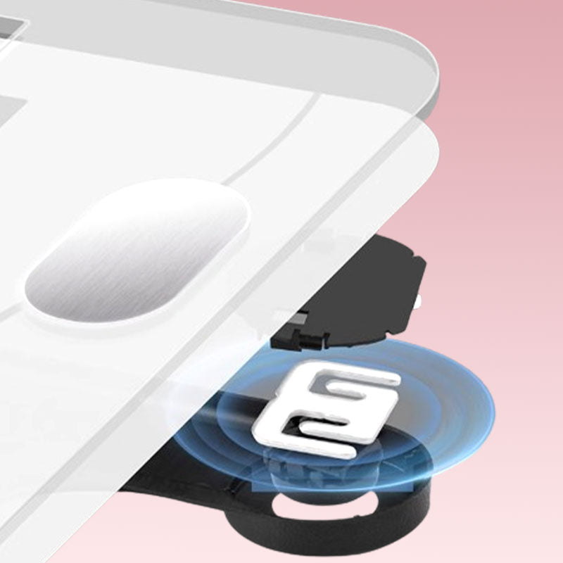 Arenzza Smart BMI digital wireless weight scales with LCD display, showing weight measurement on a sleek black electronic device.