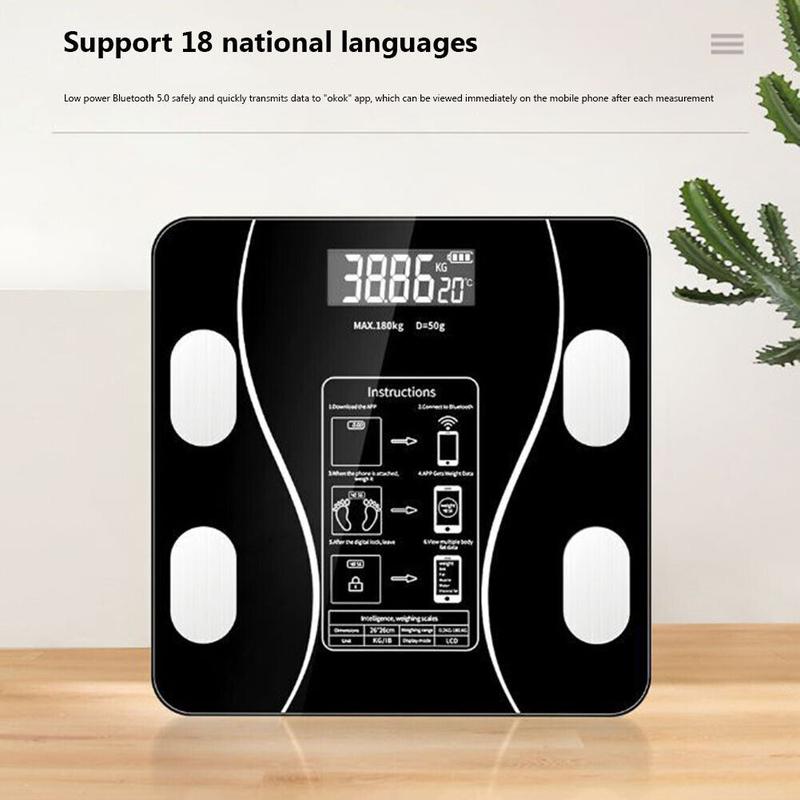 Arenzza Smart BMI digital wireless weight scales with LCD display, showing weight measurement on a sleek electronic bathroom scale.