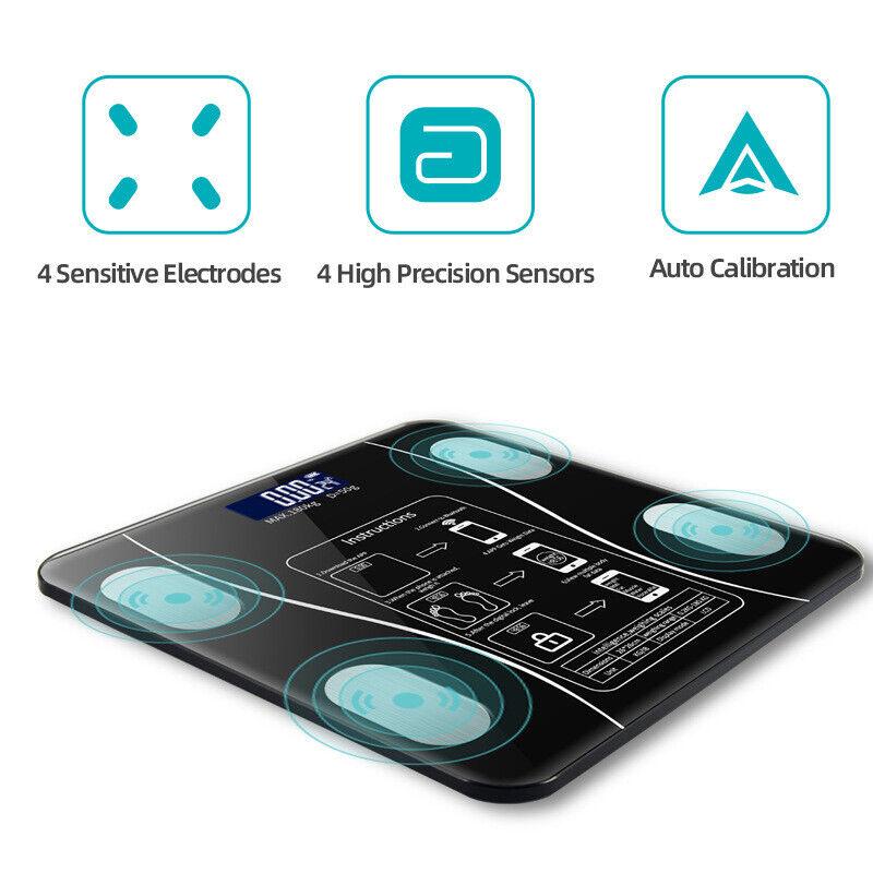 Arenzza Smart BMI digital wireless weight scales with LCD display, showing weight measurement on a sleek, modern electronic bathroom scale.
