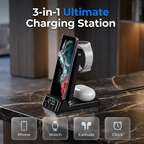 Arenzza 3-in-1 fast wireless charger stand for smartphones, earbuds, and smartwatches with sleek design and multiple charging ports.