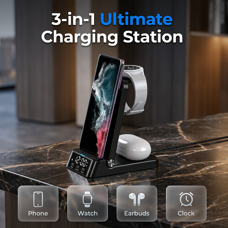 Arenzza 3-in-1 fast wireless charger stand for smartphones, earbuds, and smartwatches with sleek design and multiple charging ports.