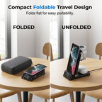 Arenzza 3-in-1 fast wireless charger stand for smartphones, earbuds, and smartwatches, in sleek black with multiple charging pads.