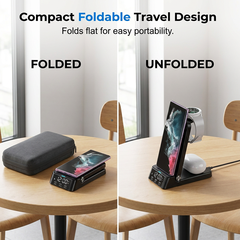 Arenzza 3-in-1 fast wireless charger stand for smartphones, earbuds, and smartwatches, in sleek black with multiple charging pads.