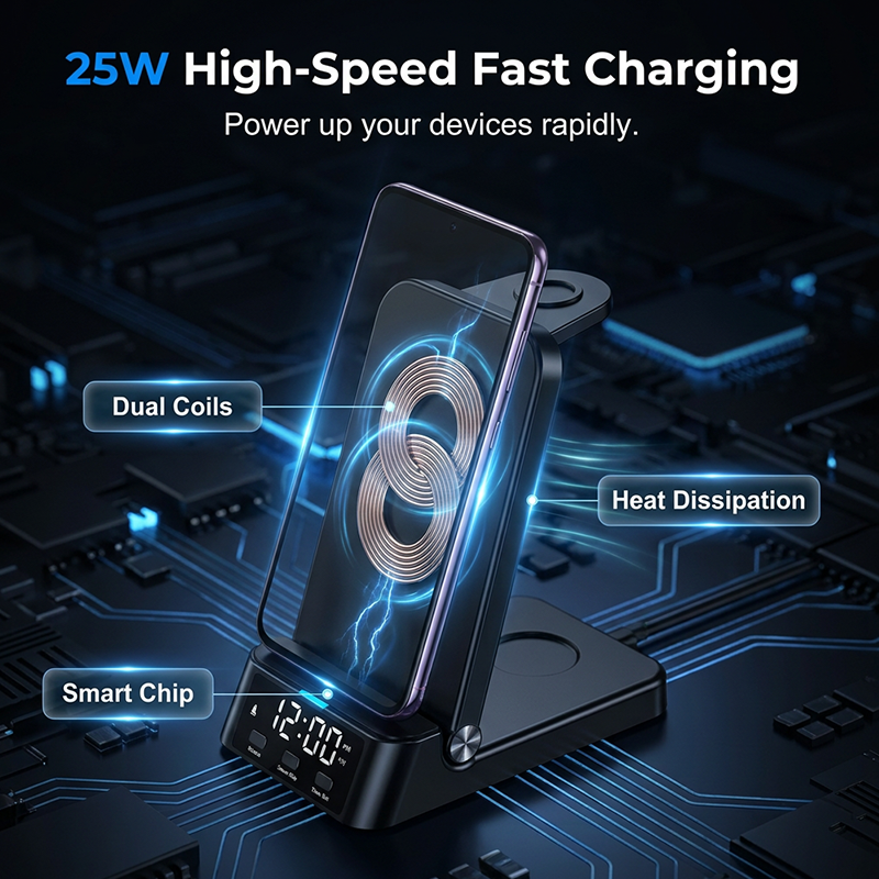 Arenzza 3-in-1 fast wireless charger stand for smartphones, smartwatches, and earbuds, with sleek black electronic design.
