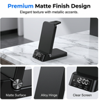Arenzza 3-in-1 fast wireless charger stand for smartphones, earbuds, and smartwatch on a sleek black charging station.