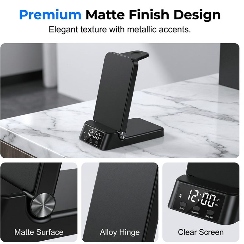 Arenzza 3-in-1 fast wireless charger stand for smartphones, earbuds, and smartwatch on a sleek black charging station.