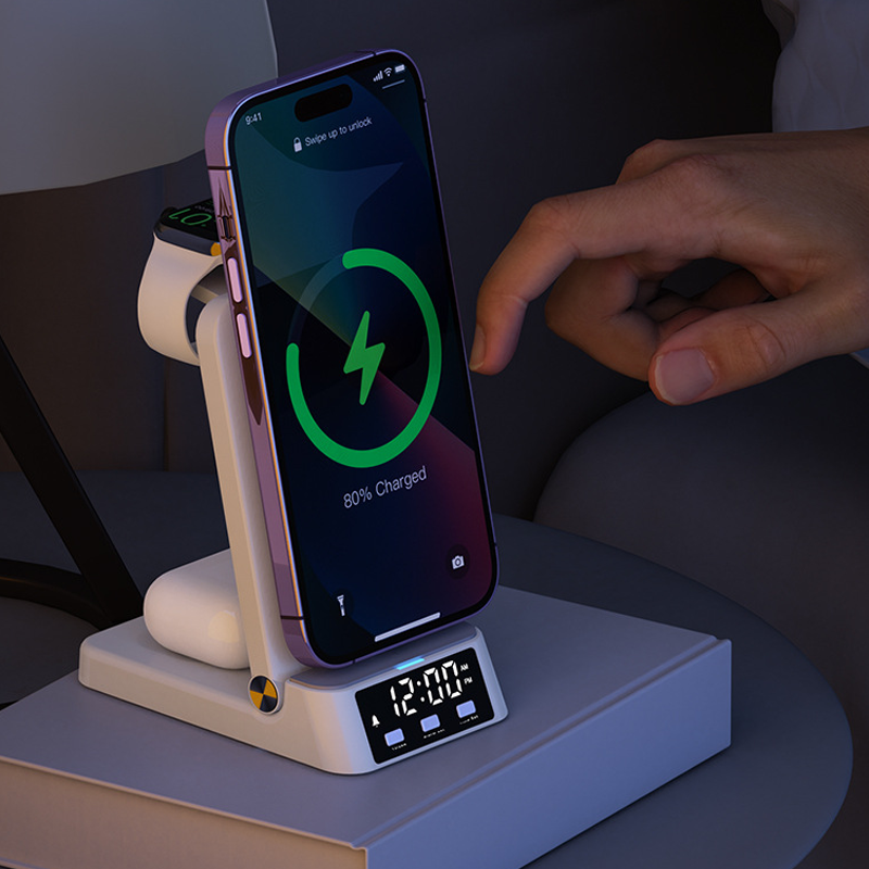 Arenzza 3-in-1 fast wireless charger stand for smartphones, smartwatches, and earbuds on a sleek modern surface.