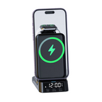 Arenzza 3-in-1 fast wireless charger stand for smartphones, earbuds, and watch, with a sleek black design and multiple charging coils