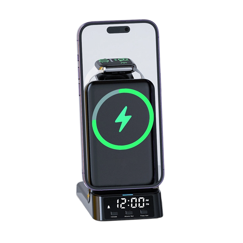 Arenzza 3-in-1 fast wireless charger stand for smartphones, earbuds, and watch, with a sleek black design and multiple charging coils