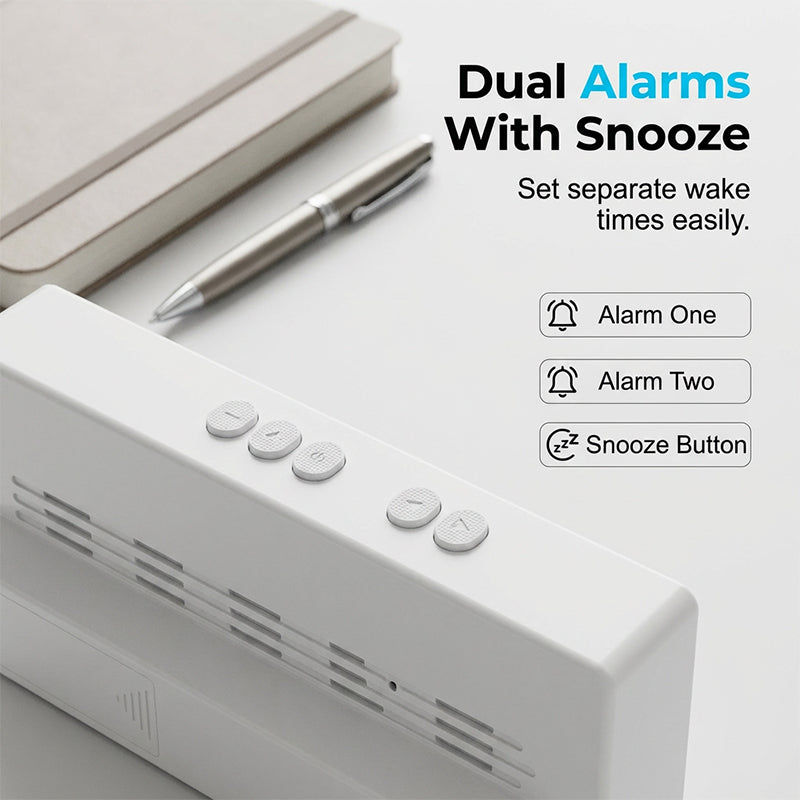Arenzza minimalist digital alarm clock displaying time on a sleek black and white design for bedroom or office use.