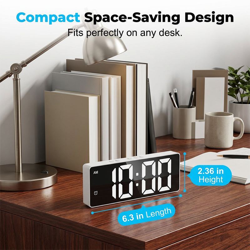 Aarenza minimalist digital alarm clock displaying time on a sleek black screen, designed for bedroom and office use.
