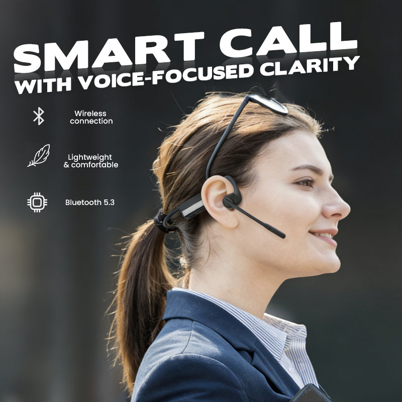 Arenzza open air conduction wireless Bluetooth headset with microphone, sleek black design for hands-free calls and music.