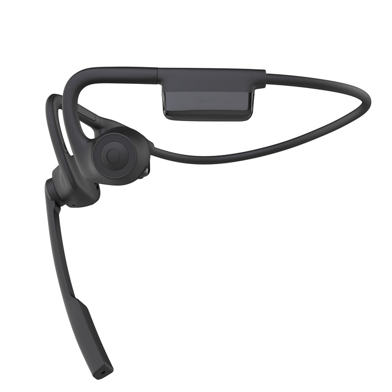 Arenzza open air conduction wireless Bluetooth headset with microphone, black design, showing ear tips and controls.