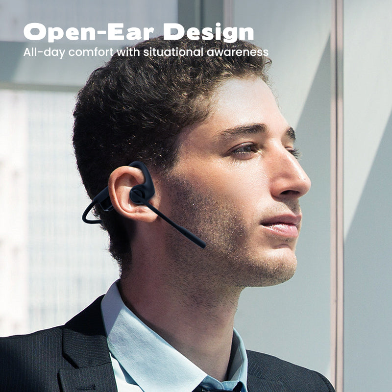 Arenzza open air conduction wireless Bluetooth headset with microphone, black and sleek design, shown on a white background.