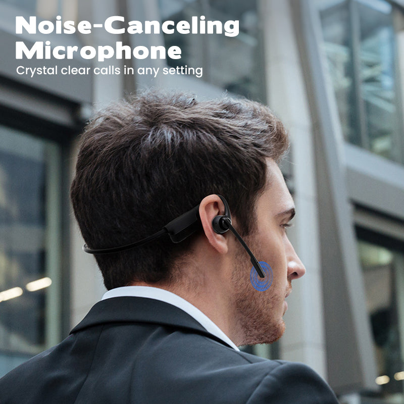 Arenzza open air conduction wireless Bluetooth headset with microphone, in black, showing the sleek design and earbud features.