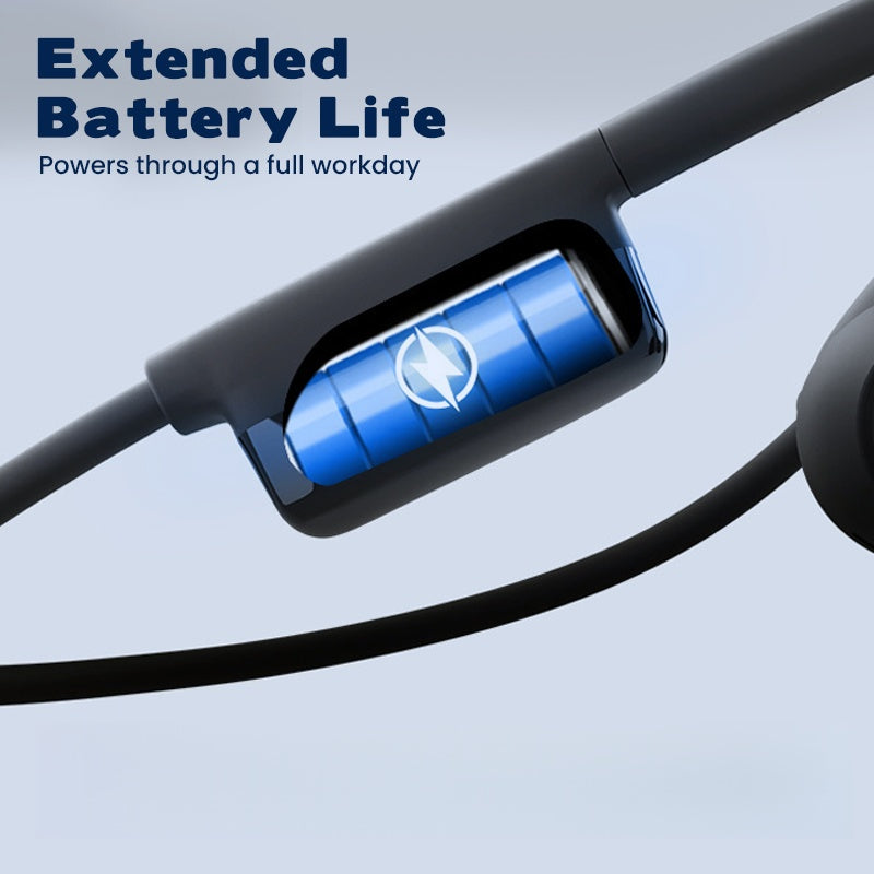 Arenzza open air conduction wireless Bluetooth headset with microphone, black design, showing ear hooks and control buttons.