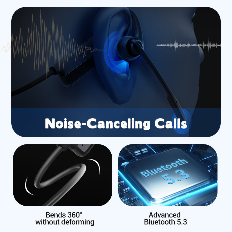 Arenzza open air conduction wireless Bluetooth headset with microphone, black and gray design, showing earphone and controls.
