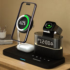 Arenzza 3-in-1 wireless charging station with alarm clock, featuring a sleek electronic design with multiple charging pads and digital display.