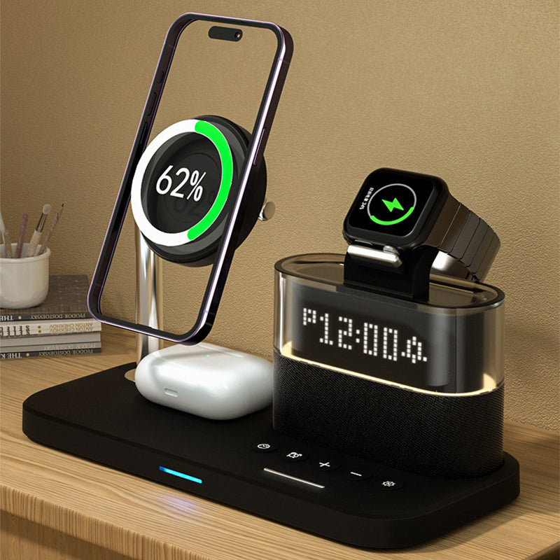 Arenzza 3-in-1 wireless charging station with alarm clock, featuring a sleek electronic design with multiple charging pads and digital display.