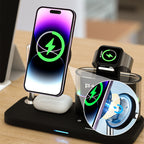 Arenzza 3-in-1 wireless charging station with alarm clock, featuring a sleek electronic accessory with multiple charging pads and digital display.