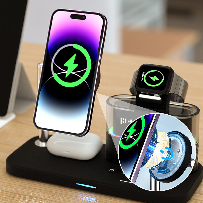Arenzza 3-in-1 wireless charging station with alarm clock, featuring a sleek electronic accessory with multiple charging pads and digital display.