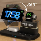Arenzza 3-in-1 wireless charging station with alarm clock, showing charging phones and digital clock display.