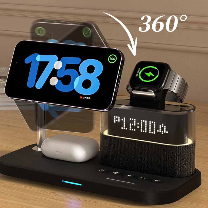 Arenzza 3-in-1 wireless charging station with alarm clock, showing charging phones and digital clock display.